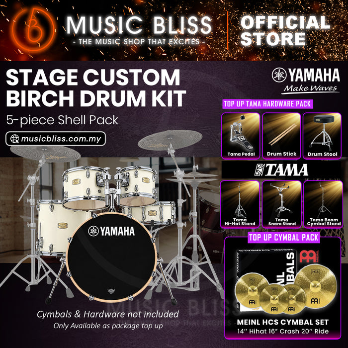 Yamaha Stage Custom Birch Shell Pack with Cymbal Set and Hardware Pack - 22" Kick - Classic White