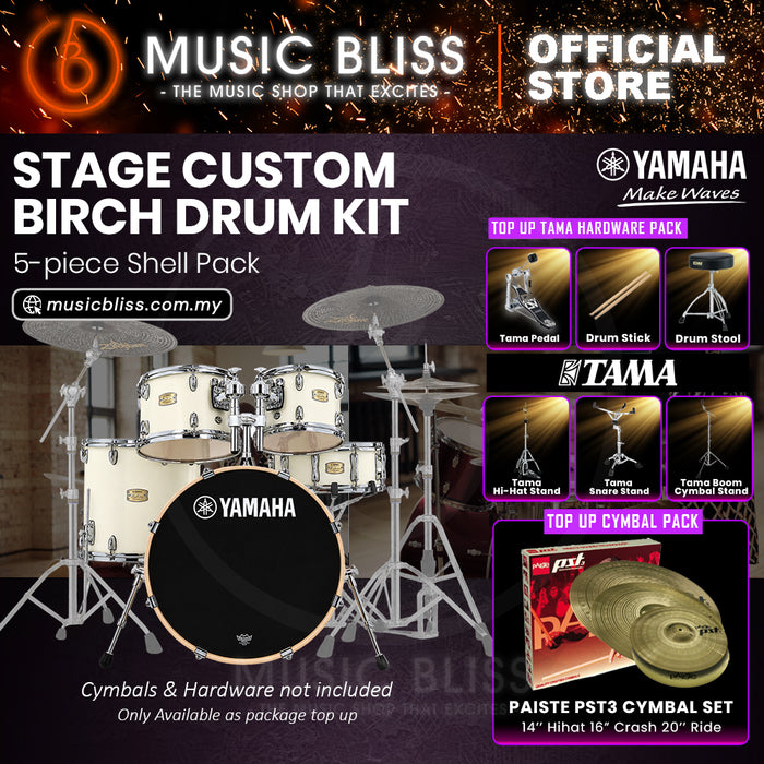 Yamaha Stage Custom Birch Shell Pack with Cymbal Set and Hardware Pack - 22" Kick - Classic White