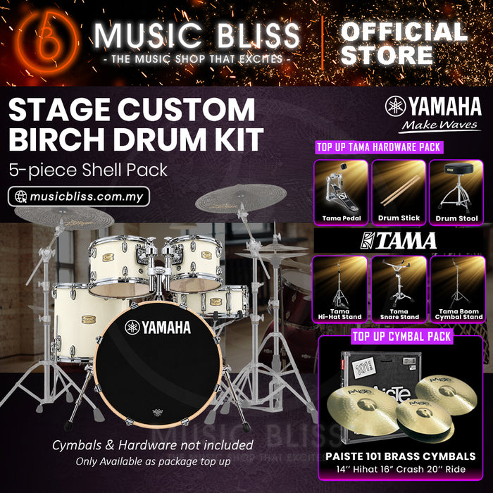 Yamaha Stage Custom Birch Shell Pack with Cymbal Set and Hardware Pack - 22" Kick - Classic White