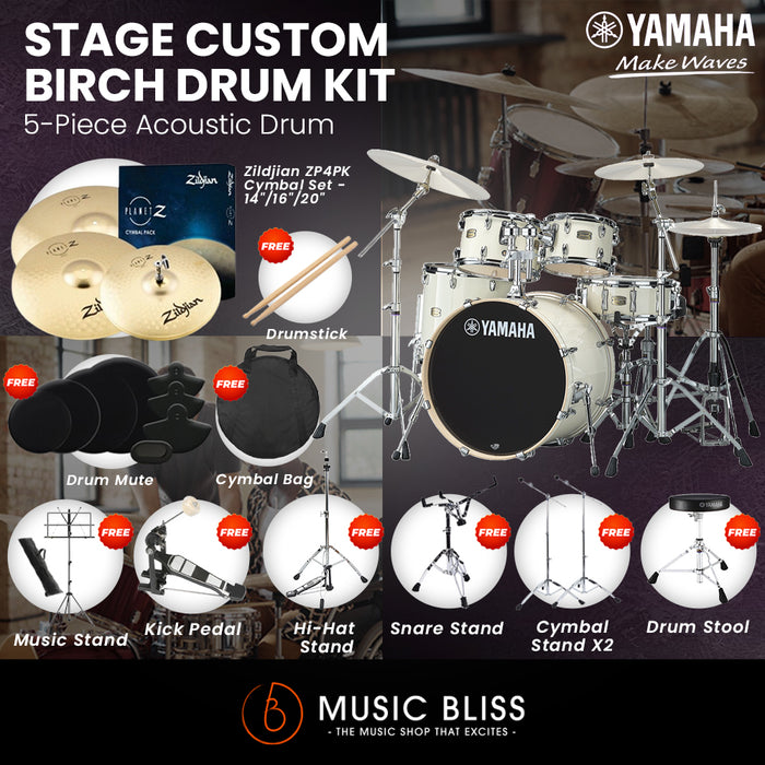 Yamaha Stage Custom Birch Shell Pack with Cymbal Set and Hardware Pack - 22" Kick - Classic White