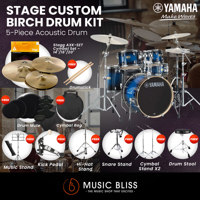Yamaha Stage Custom Birch Shell Pack with Cymbal Set and Hardware Pack - 22" Kick - Deep Blue Sunburst