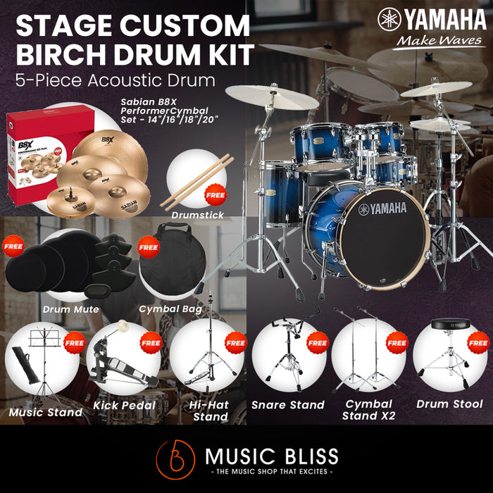 Yamaha Stage Custom Birch Shell Pack with Cymbal Set and Hardware Pack - 22" Kick - Deep Blue Sunburst