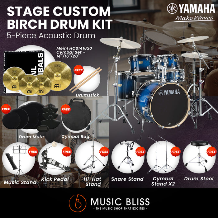 Yamaha Stage Custom Birch Shell Pack with Cymbal Set and Hardware Pack - 22" Kick - Deep Blue Sunburst