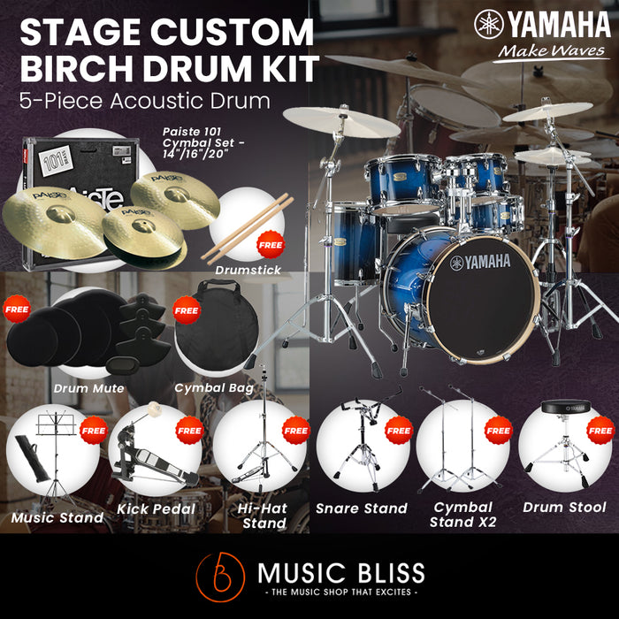 Yamaha Stage Custom Birch Shell Pack with Cymbal Set and Hardware Pack - 22" Kick - Deep Blue Sunburst