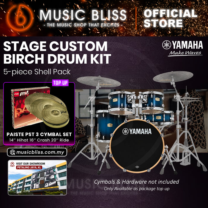 Yamaha Stage Custom Birch Shell Pack with Cymbal Set and Hardware Pack - 22" Kick - Deep Blue Sunburst