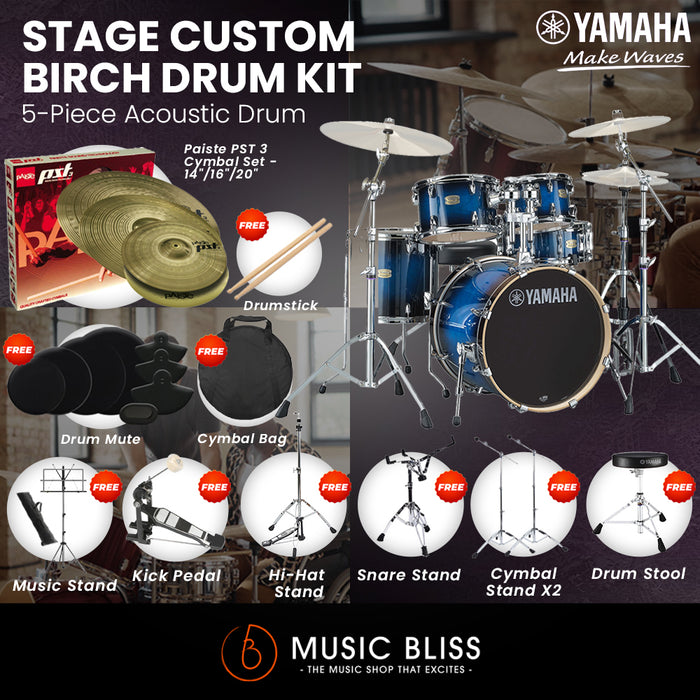 Yamaha Stage Custom Birch Shell Pack with Cymbal Set and Hardware Pack - 22" Kick - Deep Blue Sunburst