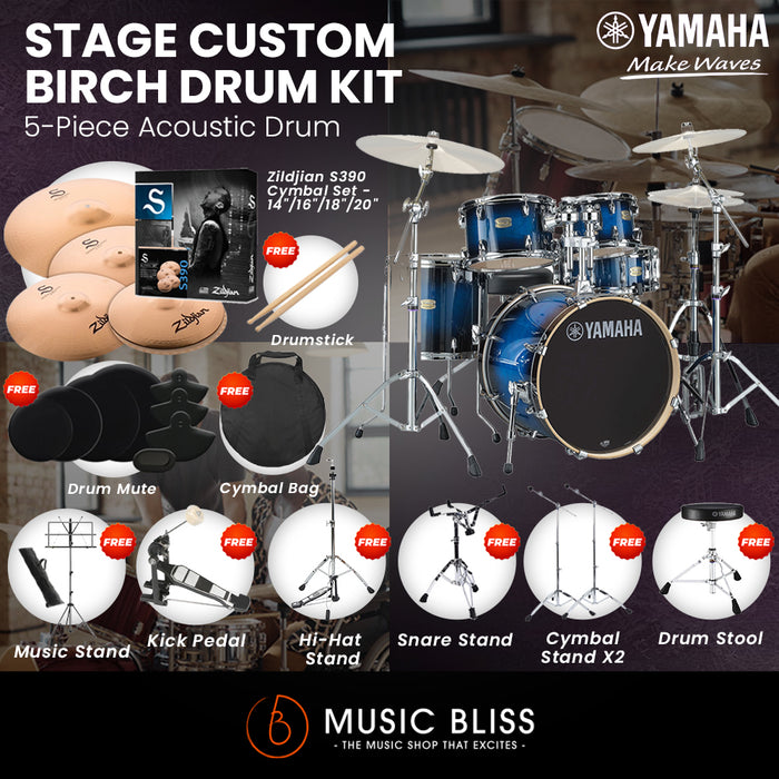 Yamaha Stage Custom Birch Shell Pack with Cymbal Set and Hardware Pack - 22" Kick - Deep Blue Sunburst