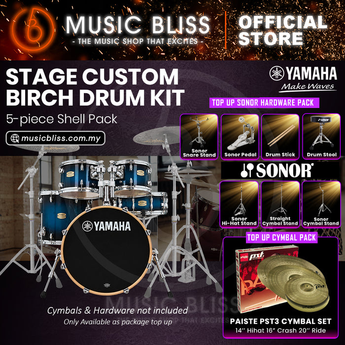 Yamaha Stage Custom Birch Shell Pack with Cymbal Set and Hardware Pack - 22" Kick - Deep Blue Sunburst