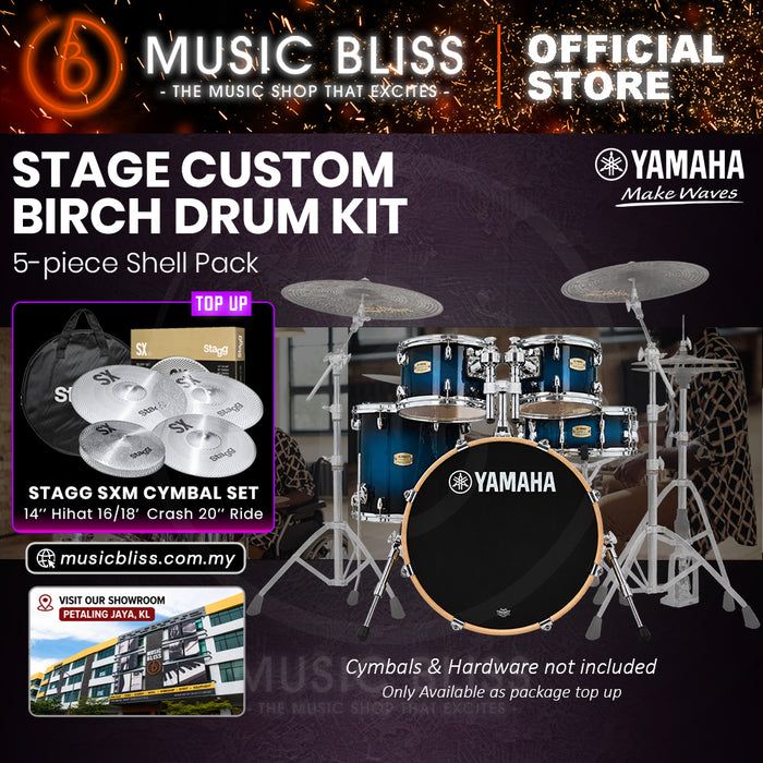 Yamaha Stage Custom Birch Shell Pack with Cymbal Set and Hardware Pack - 22" Kick - Deep Blue Sunburst