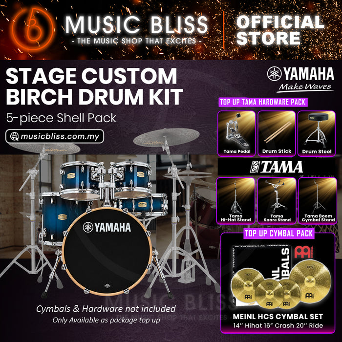 Yamaha Stage Custom Birch Shell Pack with Cymbal Set and Hardware Pack - 22" Kick - Deep Blue Sunburst