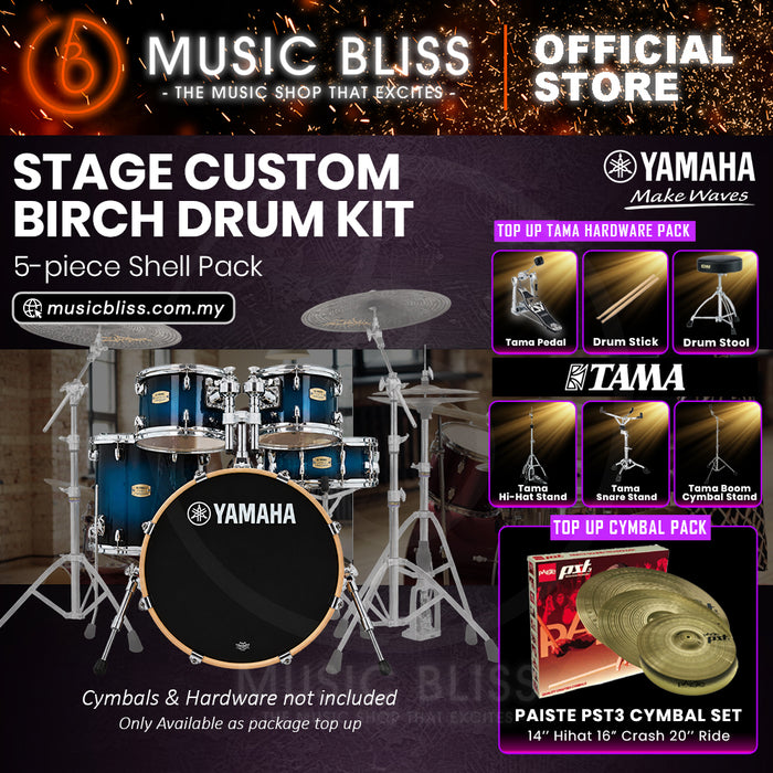 Yamaha Stage Custom Birch Shell Pack with Cymbal Set and Hardware Pack - 22" Kick - Deep Blue Sunburst