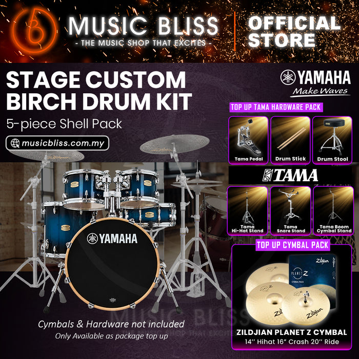 Yamaha Stage Custom Birch Shell Pack with Cymbal Set and Hardware Pack - 22" Kick - Deep Blue Sunburst