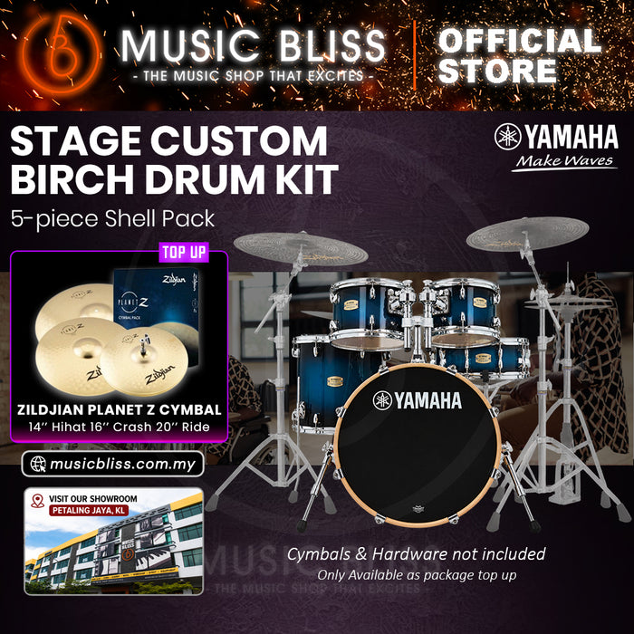 Yamaha Stage Custom Birch Shell Pack with Cymbal Set and Hardware Pack - 22" Kick - Deep Blue Sunburst
