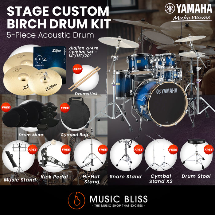 Yamaha Stage Custom Birch Shell Pack with Cymbal Set and Hardware Pack - 22" Kick - Deep Blue Sunburst
