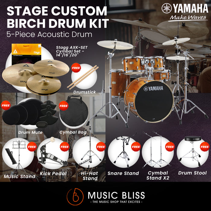 Yamaha Stage Custom Birch Shell Pack with Cymbal Set and Hardware Pack - 22" Kick - Honey Amber