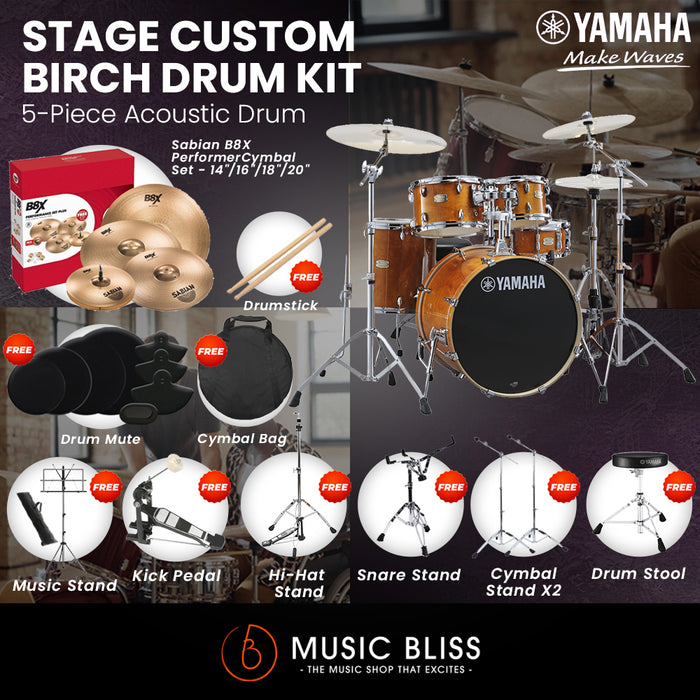 Yamaha Stage Custom Birch Shell Pack with Cymbal Set and Hardware Pack - 22" Kick - Honey Amber