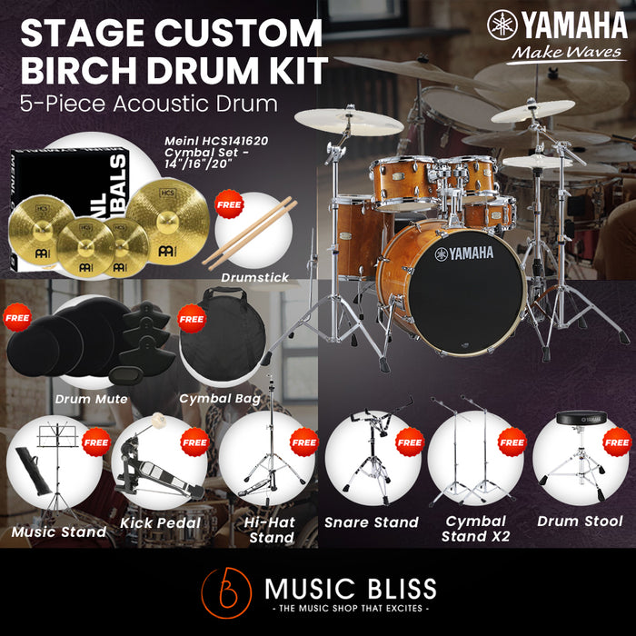 Yamaha Stage Custom Birch Shell Pack with Cymbal Set and Hardware Pack - 22" Kick - Honey Amber