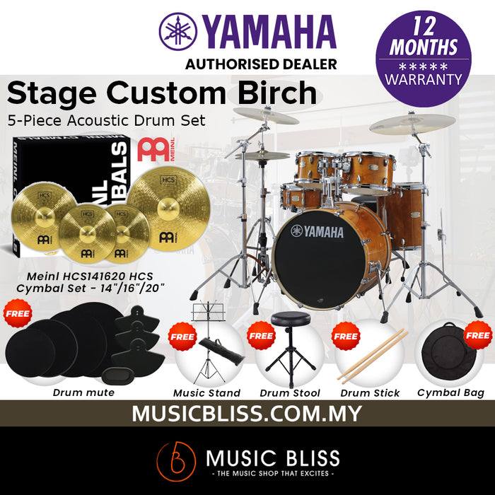 Yamaha Stage Custom Birch Shell Pack with Cymbal Set and Hardware Pack - 22" Kick - Honey Amber