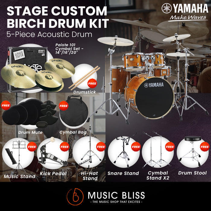 Yamaha Stage Custom Birch Shell Pack with Cymbal Set and Hardware Pack - 22" Kick - Honey Amber