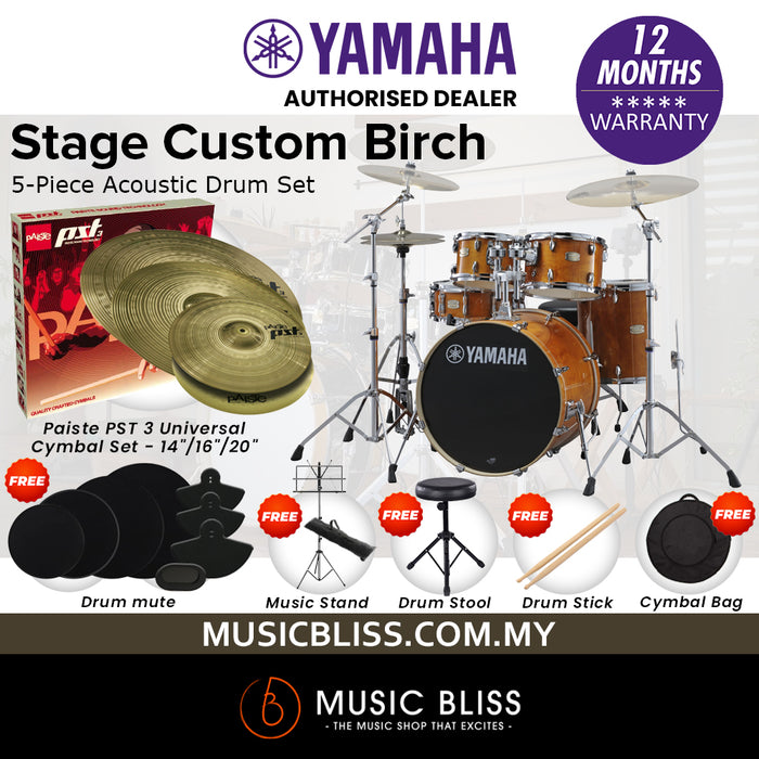 Yamaha Stage Custom Birch Shell Pack with Cymbal Set and Hardware Pack - 22" Kick - Honey Amber