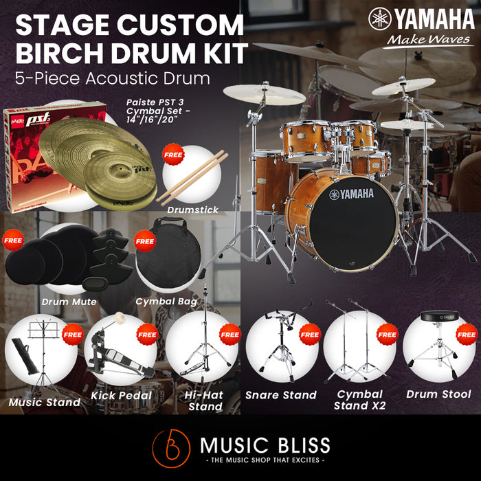 Yamaha Stage Custom Birch Shell Pack with Cymbal Set and Hardware Pack - 22" Kick - Honey Amber