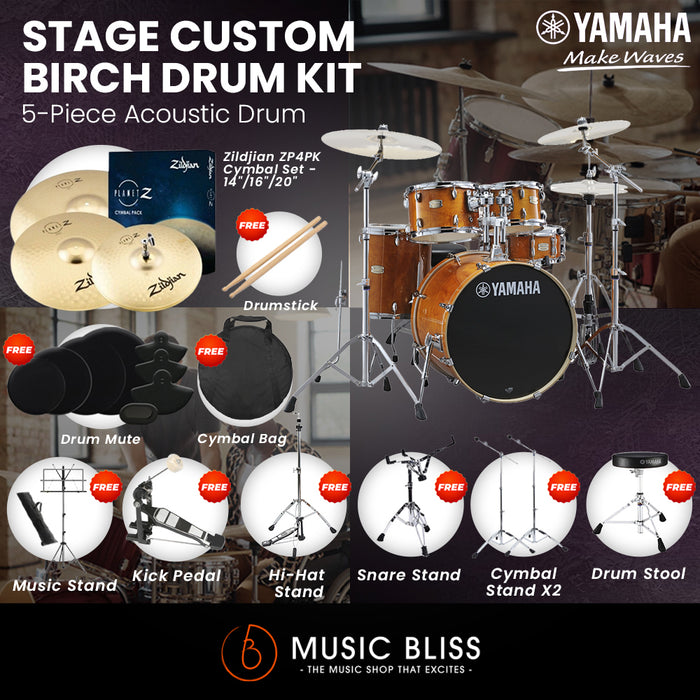 Yamaha Stage Custom Birch Shell Pack with Cymbal Set and Hardware Pack - 22" Kick - Honey Amber