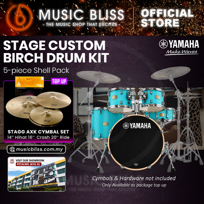 Yamaha Stage Custom Birch Shell Pack with Cymbal Set and Hardware Pack - 22" Kick - Matte Surf Green