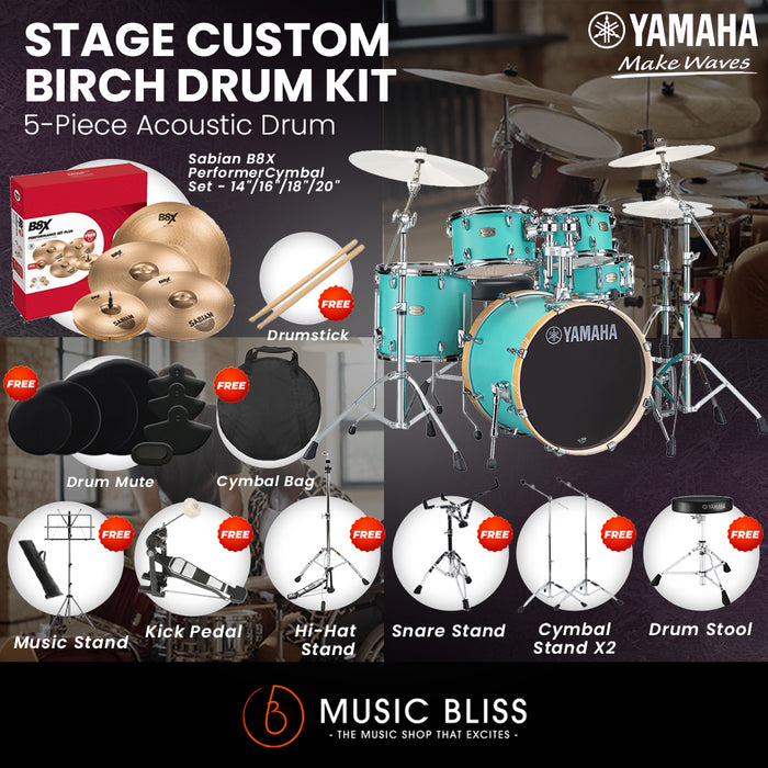 Yamaha Stage Custom Birch Shell Pack with Cymbal Set and Hardware Pack - 22" Kick - Matte Surf Green