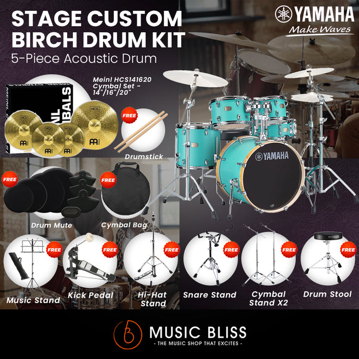 Yamaha Stage Custom Birch Shell Pack with Cymbal Set and Hardware Pack - 22" Kick - Matte Surf Green