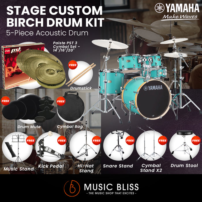 Yamaha Stage Custom Birch Shell Pack with Cymbal Set and Hardware Pack - 22" Kick - Matte Surf Green