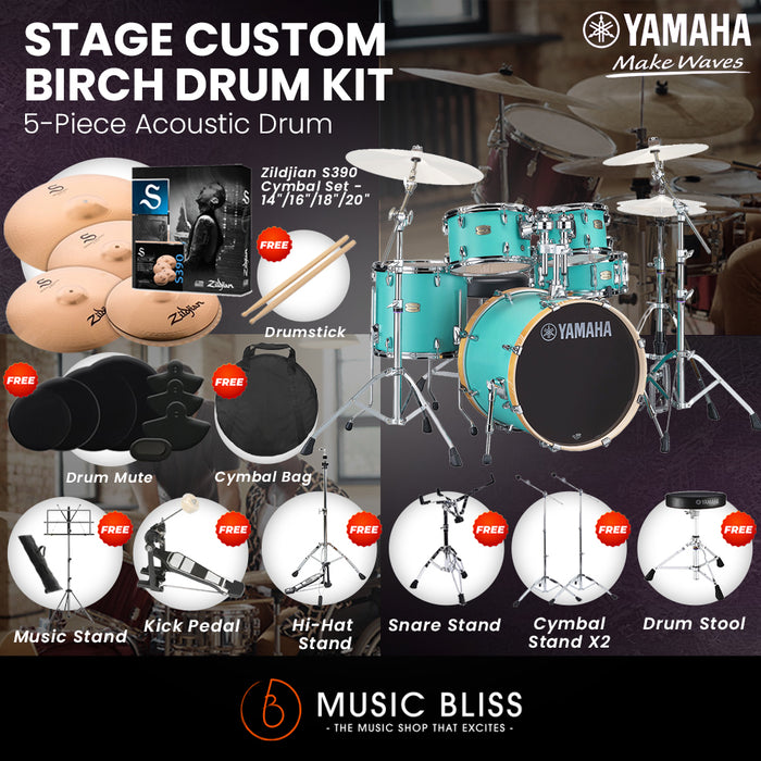 Yamaha Stage Custom Birch Shell Pack with Cymbal Set and Hardware Pack - 22" Kick - Matte Surf Green