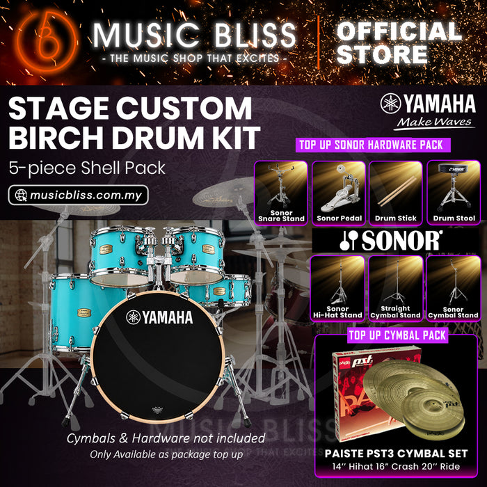 Yamaha Stage Custom Birch Shell Pack with Cymbal Set and Hardware Pack - 22" Kick - Matte Surf Green