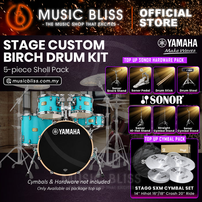 Yamaha Stage Custom Birch Shell Pack with Cymbal Set and Hardware Pack - 22" Kick - Matte Surf Green