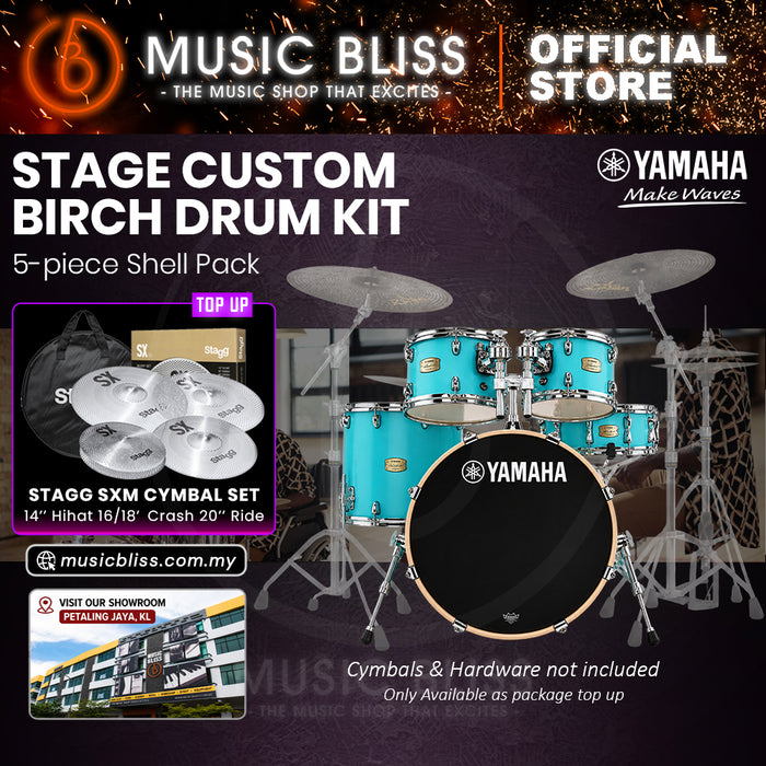 Yamaha Stage Custom Birch Shell Pack with Cymbal Set and Hardware Pack - 22" Kick - Matte Surf Green