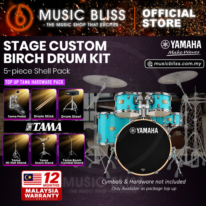 Yamaha Stage Custom Birch Shell Pack with Cymbal Set and Hardware Pack - 22" Kick - Matte Surf Green