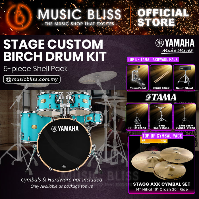 Yamaha Stage Custom Birch Shell Pack with Cymbal Set and Hardware Pack - 22" Kick - Matte Surf Green