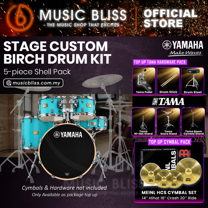 Yamaha Stage Custom Birch Shell Pack with Cymbal Set and Hardware Pack - 22" Kick - Matte Surf Green