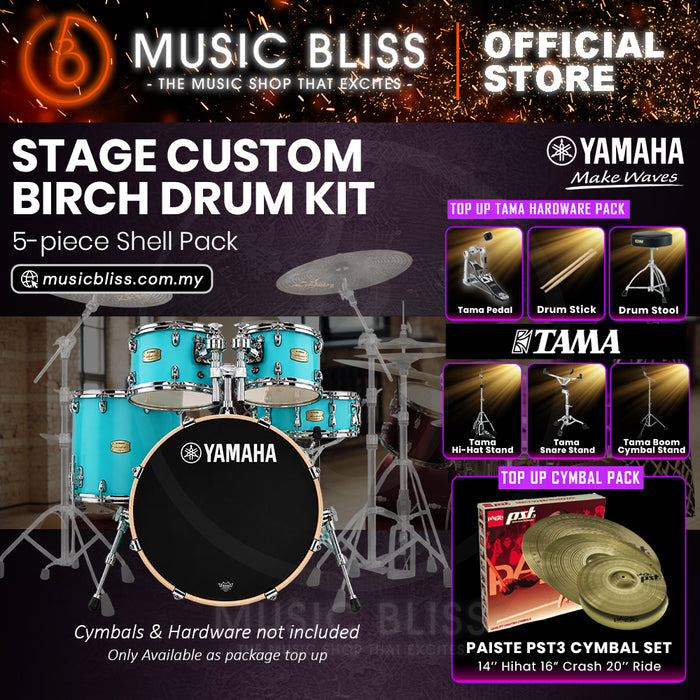 Yamaha Stage Custom Birch Shell Pack with Cymbal Set and Hardware Pack - 22" Kick - Matte Surf Green