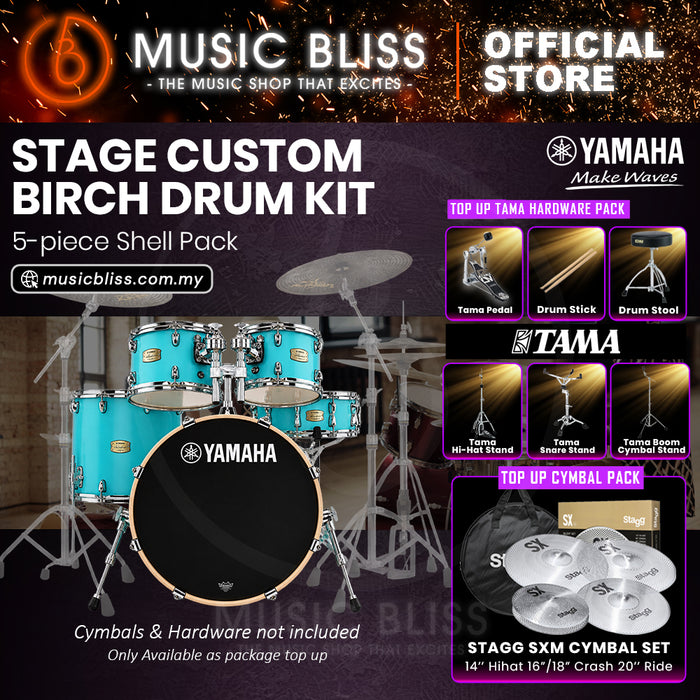 Yamaha Stage Custom Birch Shell Pack with Cymbal Set and Hardware Pack - 22" Kick - Matte Surf Green