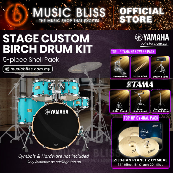 Yamaha Stage Custom Birch Shell Pack with Cymbal Set and Hardware Pack - 22" Kick - Matte Surf Green