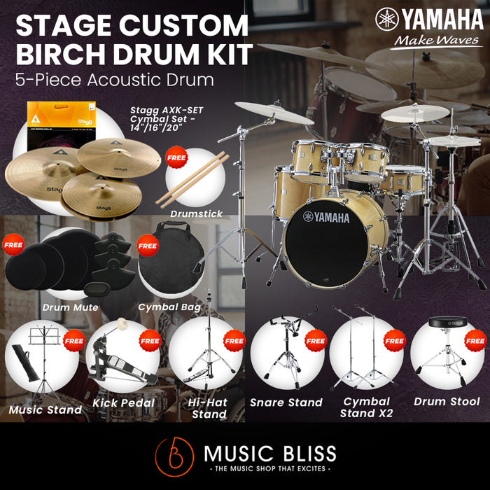Yamaha Stage Custom Birch Shell Pack with Cymbal Set and Hardware Pack - 22" Kick - Natural Wood