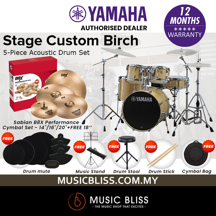 Yamaha Stage Custom Birch Shell Pack with Cymbal Set and Hardware Pack - 22" Kick - Natural Wood