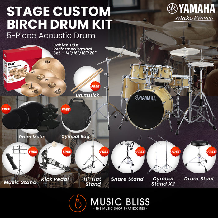 Yamaha Stage Custom Birch Shell Pack with Cymbal Set and Hardware Pack - 22" Kick - Natural Wood