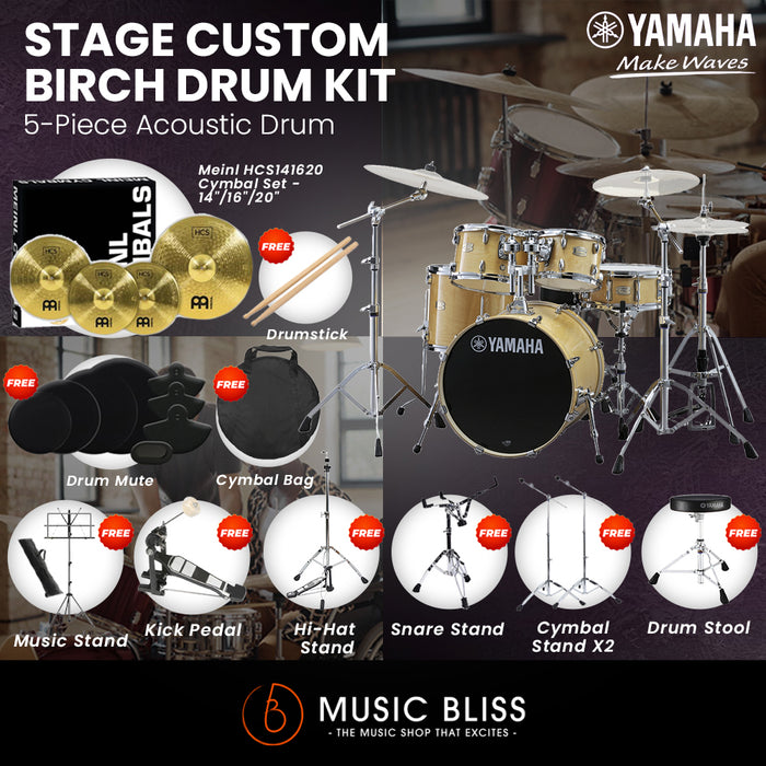 Yamaha Stage Custom Birch Shell Pack with Cymbal Set and Hardware Pack - 22" Kick - Natural Wood