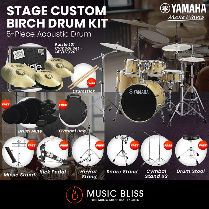 Yamaha Stage Custom Birch Shell Pack with Cymbal Set and Hardware Pack - 22" Kick - Natural Wood