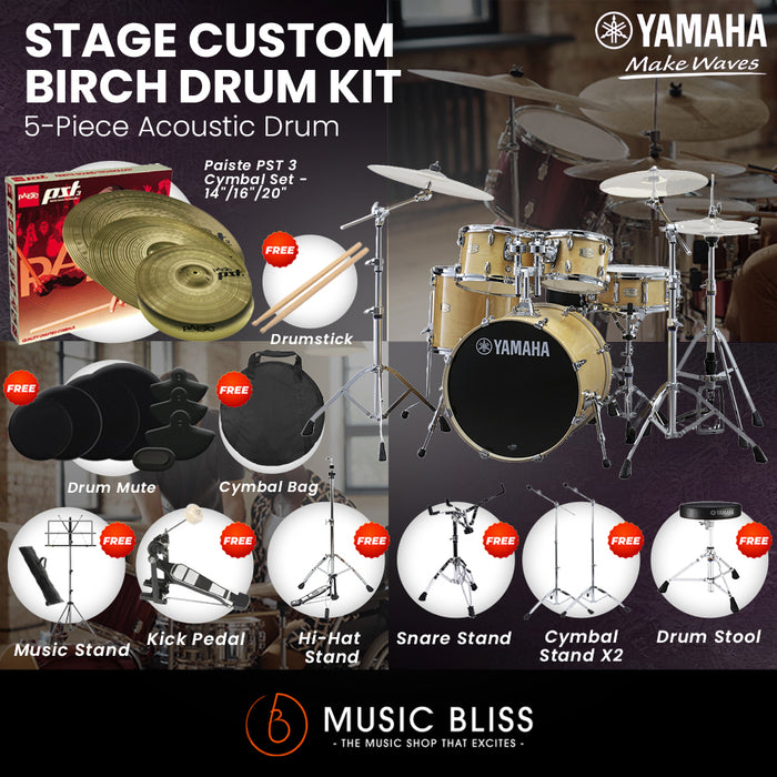 Yamaha Stage Custom Birch Shell Pack with Cymbal Set and Hardware Pack - 22" Kick - Natural Wood