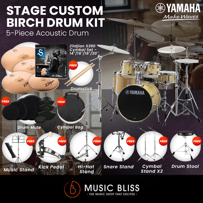 Yamaha Stage Custom Birch Shell Pack with Cymbal Set and Hardware Pack - 22" Kick - Natural Wood