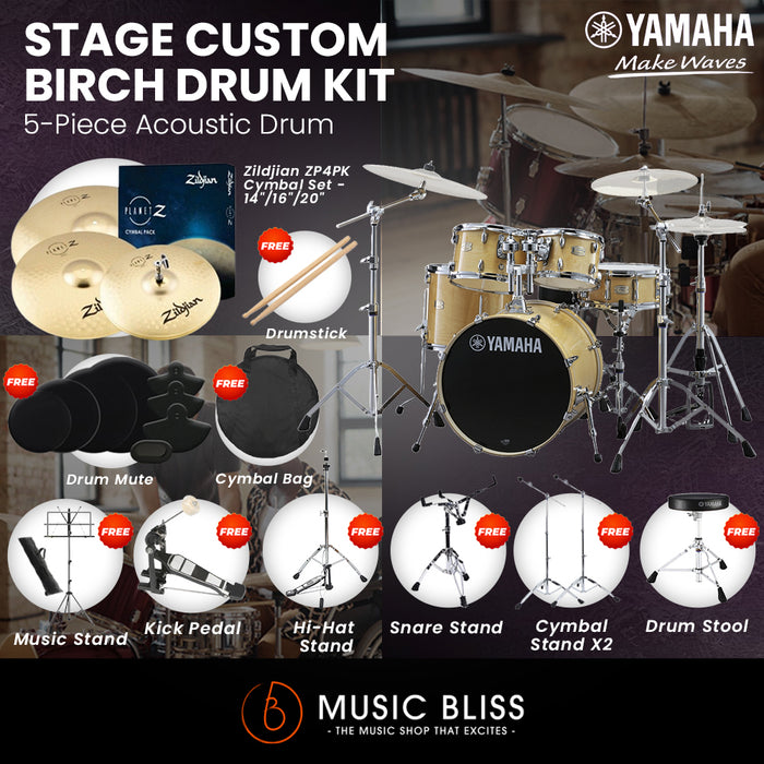 Yamaha Stage Custom Birch Shell Pack with Cymbal Set and Hardware Pack - 22" Kick - Natural Wood