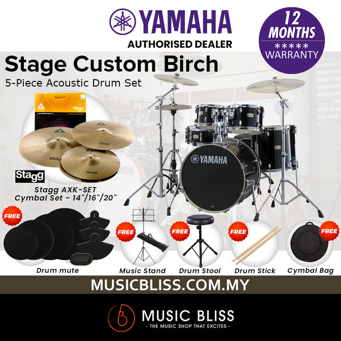 Yamaha Stage Custom Birch Shell Pack with Cymbal Set and Hardware Pack - 22" Kick - Raven Black