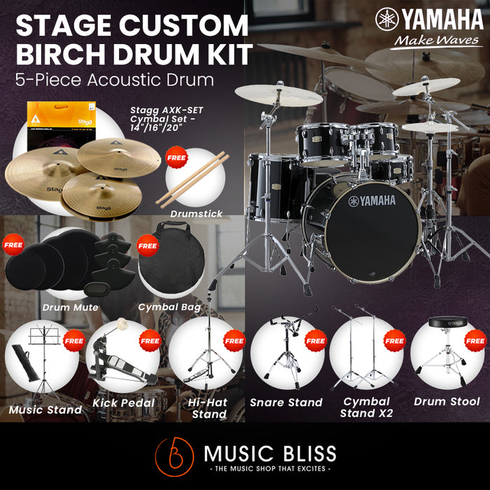 Yamaha Stage Custom Birch Shell Pack with Cymbal Set and Hardware Pack - 22" Kick - Raven Black